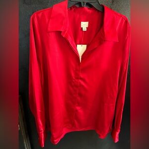 a new day Vibrant Red Button-Down Satin Blouse